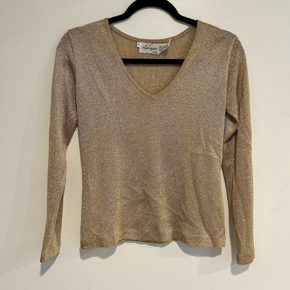 VTG Aubergine THIN STRETCHY Sweater Shirt Top Blouse Small SPARKLE GOLD Glitter